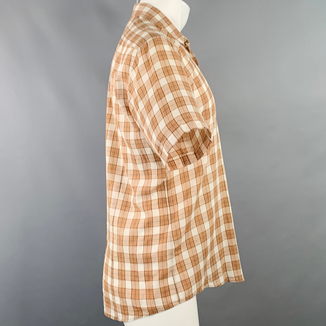 DRIES VAN NOTEN Size M Cream Brown Black Plaid Cotton Sheer Short Sleeve Shirt