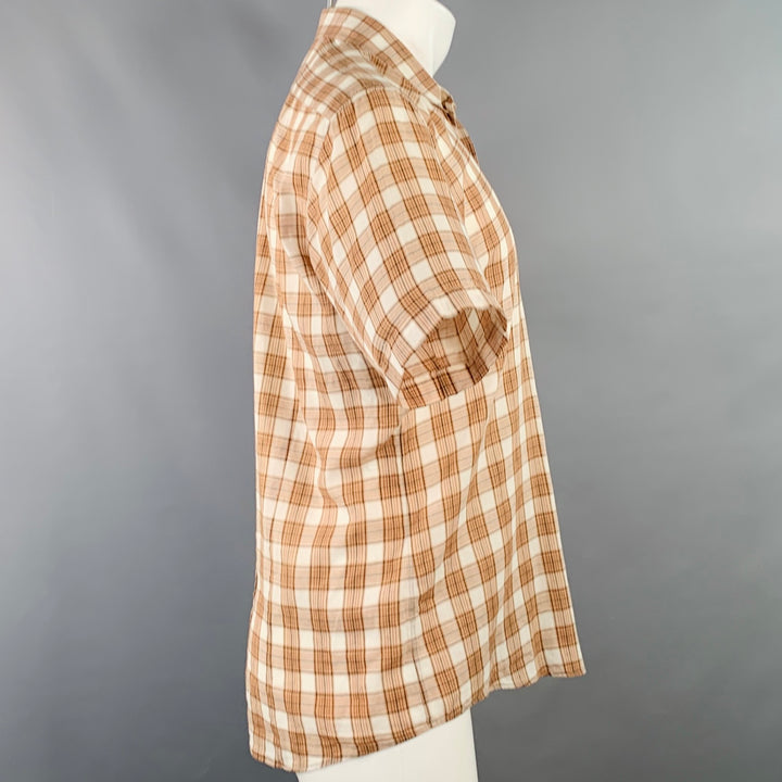 DRIES VAN NOTEN Size M Cream Brown Black Plaid Cotton Sheer Short Sleeve Shirt