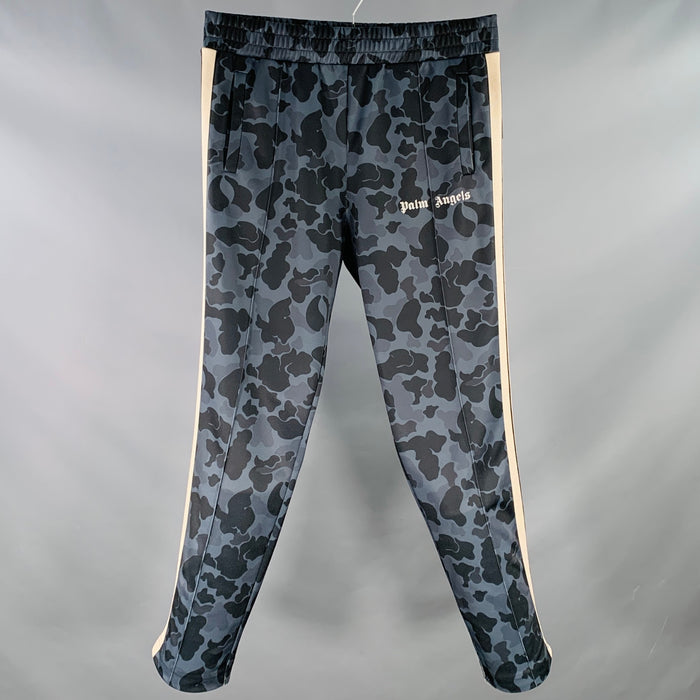 PALM ANGELS Size XL Navy Black Camouflage Polyester Drawstring Casual Pants