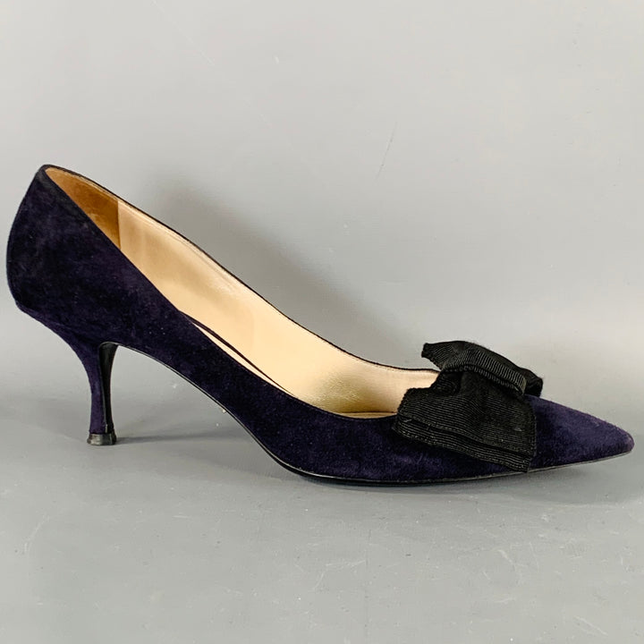 PRADA Size 11 Navy Suede Bow Pointed Toe Kitten Heel Pumps