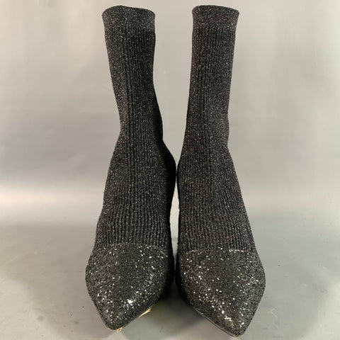 MIU MIU Size 10 Black Silver Lurex Glittered Pointed Toe Boots