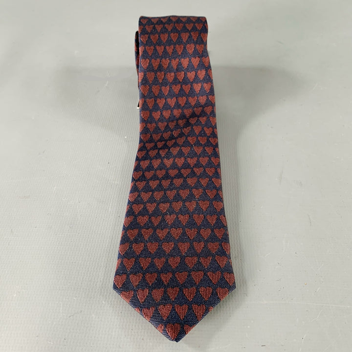 BURBERRY Navy Brown Heart Silk Skinny Tie