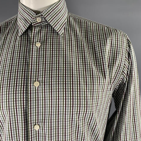 BRIONI Size L Green Brown Plaid Cotton Pointed Collar Long Sleeve Shirt