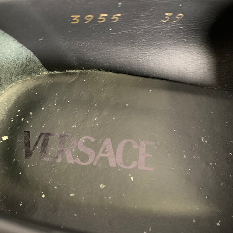 VERSACE Size 9 Black Gold Textured Leather Platform Loafers