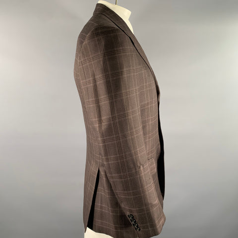 BRIONI Size 42 Brown Orange & Blue Tartan Linen Wool Sport Coat