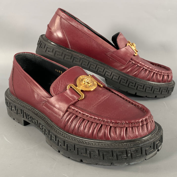 VERSACE Size 8 Burgundy Gold Medusa Leather Loafers