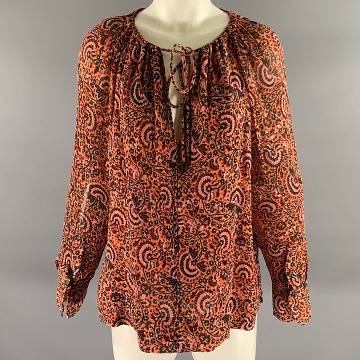A.L.C. Size 8 Orange Pink Silk Floral Neck Tie Top