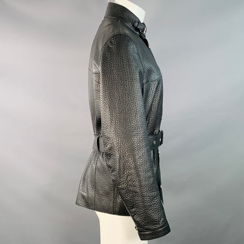 LOUIS VUITTON Size S Black Pebble Grain Bullhide Leather Zip Snaps Belted Jacket