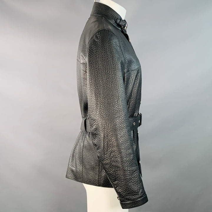 LOUIS VUITTON Size S Black Pebble Grain Bullhide Leather Zip Snaps Belted Jacket
