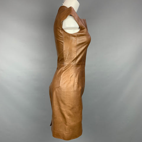 YVES SAINT LAURENT Size 6 Tan Leather Cap Sleeves Shift Dress