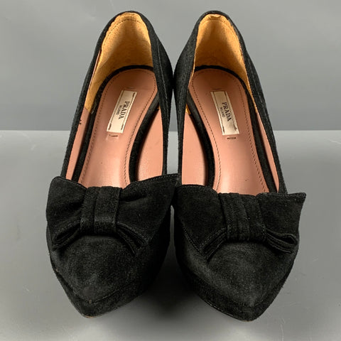 PRADA Size 5 Black Suede Bow Platform Pumps