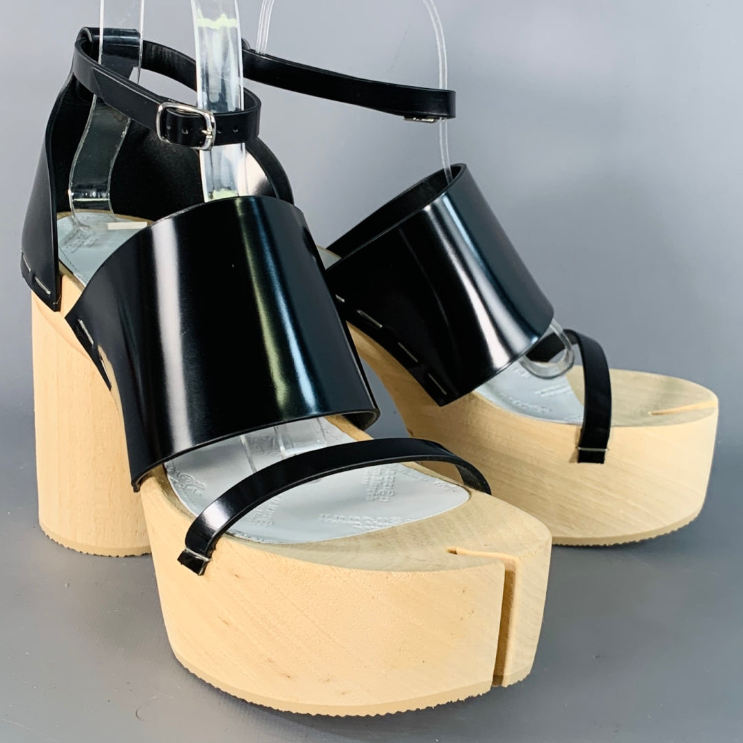 MAISON MARGIELA Size 9 Black Natural Leather Wood Platform Tabi Sandals