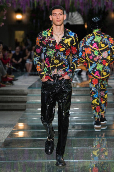VERSACE SS19 Size S Black Multi Color Floral Silk Pointed Collar Long Sleeve Shirt