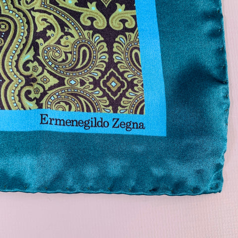 ERMENEGILDO ZEGNA Green Blue Paisley Silk Pocket Square