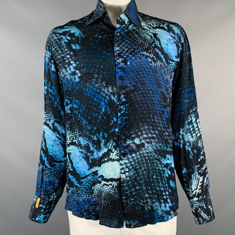 BILLIONAIRE COUTURE Size XL Black Blue Snake Silk Button Up Long Sleeve Shirt
