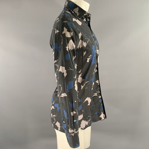 LANVIN Size S Black Grey Blue Abstract Floral Cotton Long Sleeve Shirt