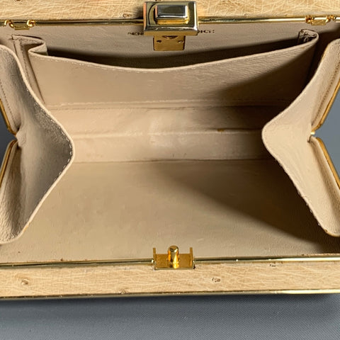 LORENZI Beige Gold Ostrich Leather Clutch Handbag