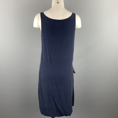 HANNOH Size 2 Navy Chiffon Silk / Cotton Gathered Tie Dress