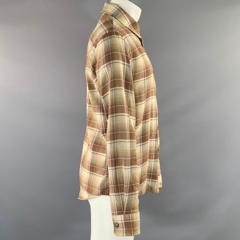 APC Size M Brown Beige Plaid Cotton Linen Button Up Long Sleeve Shirt