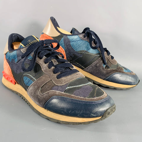 VALENTINO Size 9 Black Blue Red Color Block Leather Rubber Sole Sneakers