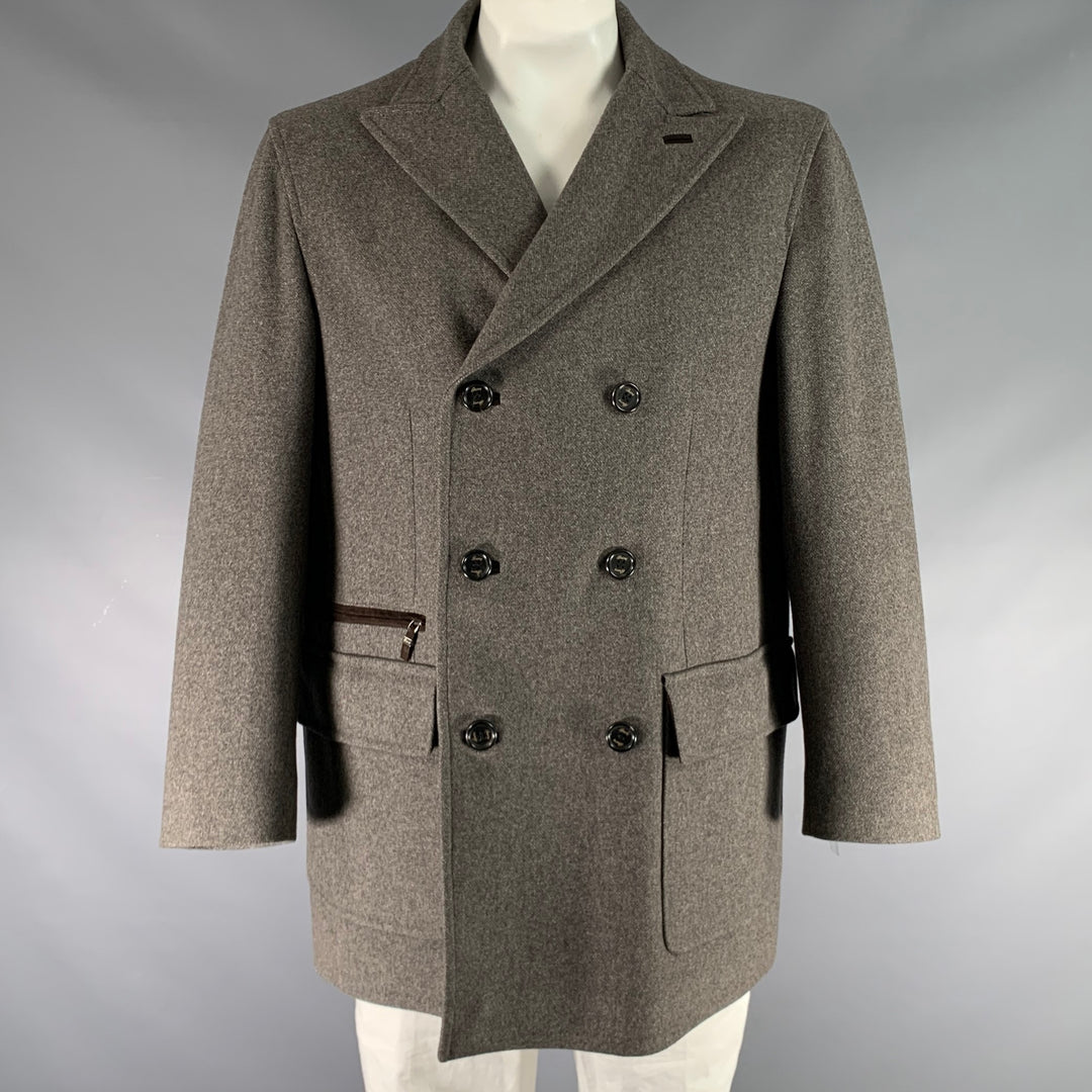 BRIONI Size XXL Grey Solid Wool Double Breasted Coat
