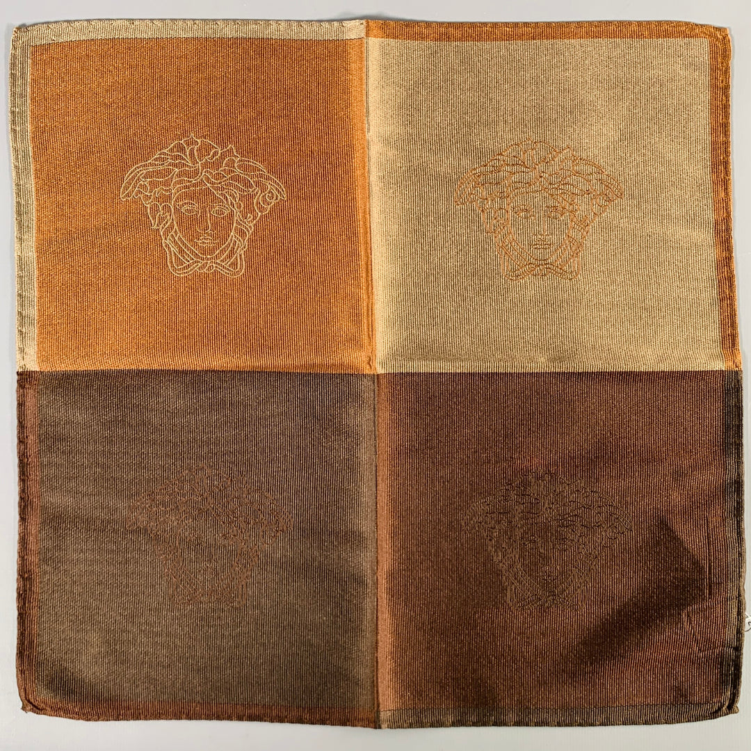 GIANNI VERSACE Brown Taupe Medusa Heads Silk Pocket Square