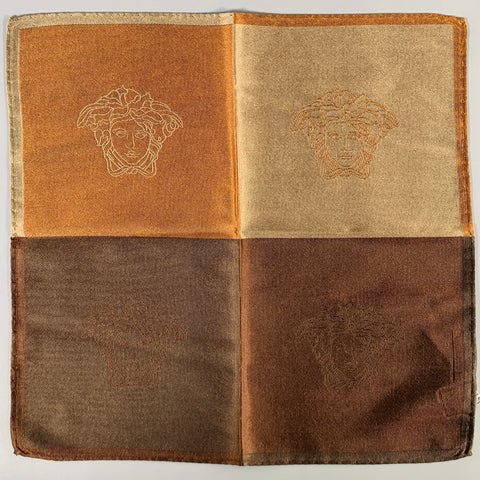 GIANNI VERSACE Brown Taupe Medusa Heads Silk Pocket Square