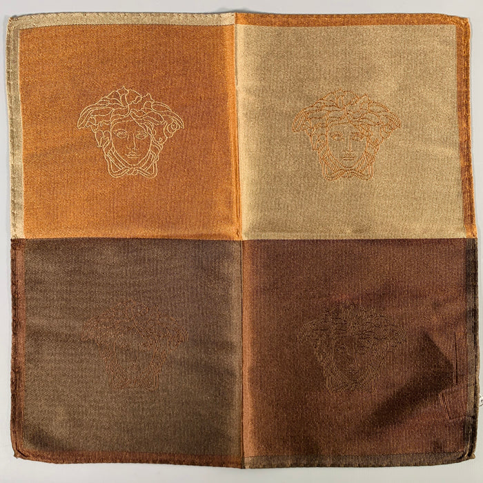 GIANNI VERSACE Brown Taupe Medusa Heads Silk Pocket Square