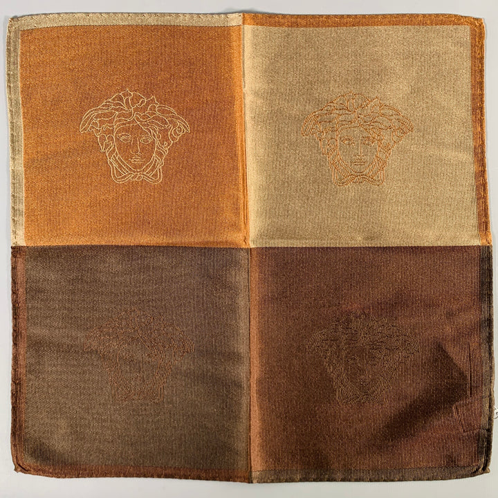 GIANNI VERSACE Brown Taupe Medusa Heads Silk Pocket Square