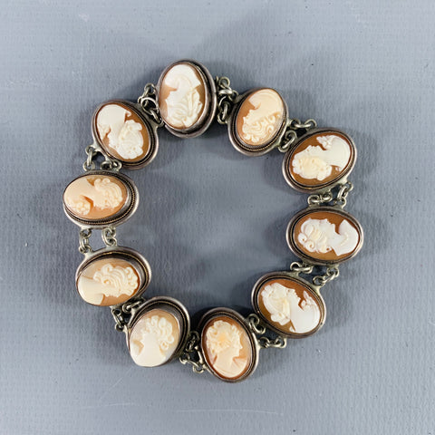 Bracelet camée victorien vintage argent et beige
