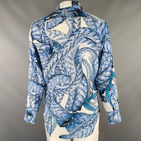 BILLIONAIRE COUTURE Size L White Blue Animal Print Silk Long Sleeve Shirt