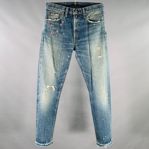LEVI STRAUSS Size 32 Blue Red Distressed Selvedge Denim Jeans