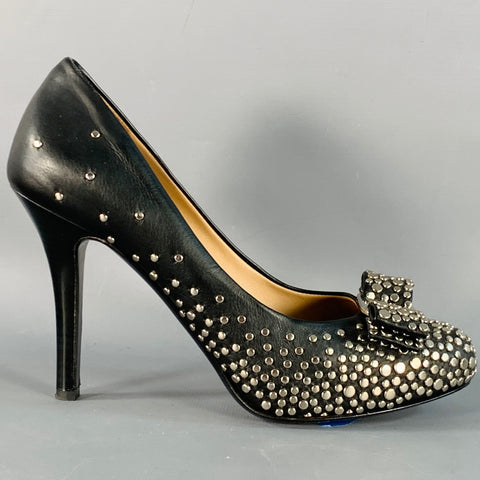 SALVATORE FERRAGAMO Size 5 Black Silver Leather Studded Bow Pumps