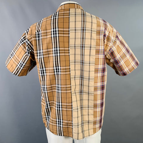 BEAMS HEART Size L Brown Black White Plaid Cotton Blend Snaps Short Sleeve Shirt