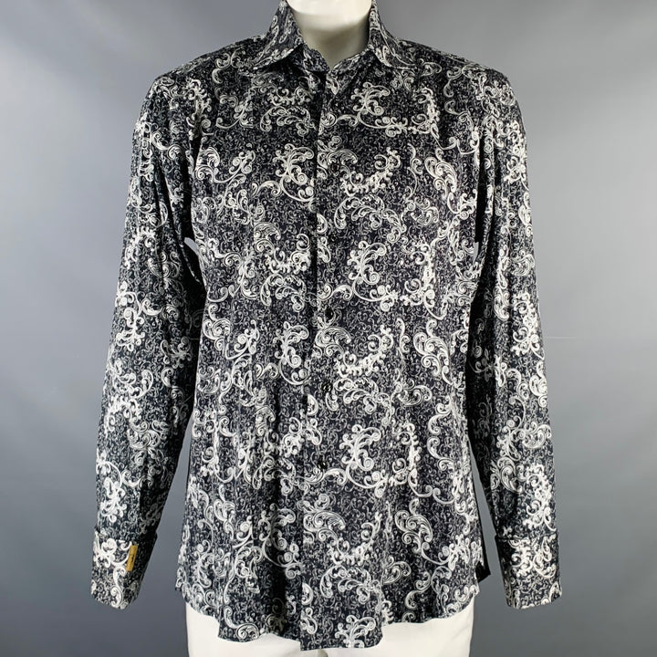 BILLIONAIRE COUTURE Size XL Black White Print Cotton Blend Long Sleeve Shirt