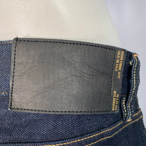 BUCK MASON Size 34 Maverick Slim Navy Contrast Stitch Cotton Blend Button Fly Jeans