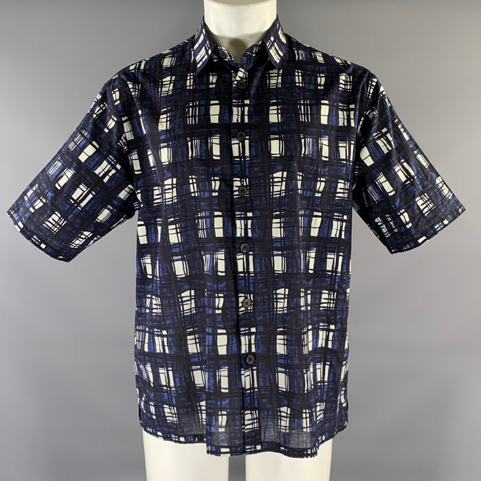 PRADA Size M Navy White & Black Tartan Cotton Cropped Short Sleeve Shirt
