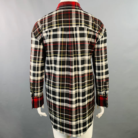 ALICE + OLIVIA Size L Black Red White Polyester Blend Plaid Button Up Shirt