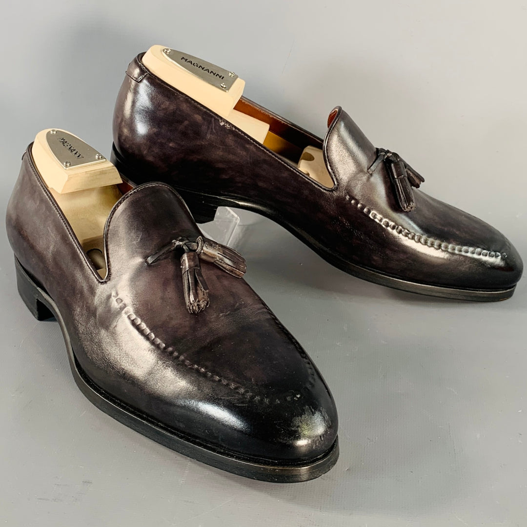 MAGNANNI Size 11 Black Leather Tassels Slip On Loafers