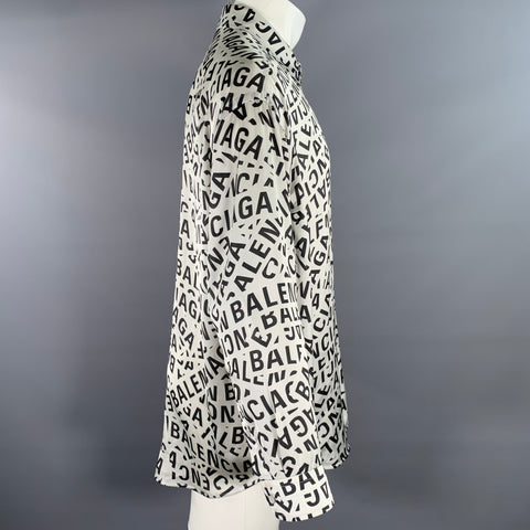 BALENCIAGA Size S Black White Monogram Polyester Button Up Long Sleeve Shirt