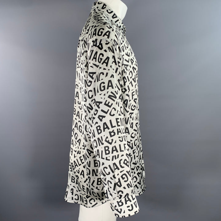 BALENCIAGA Size S Black White Monogram Polyester Button Up Long Sleeve Shirt