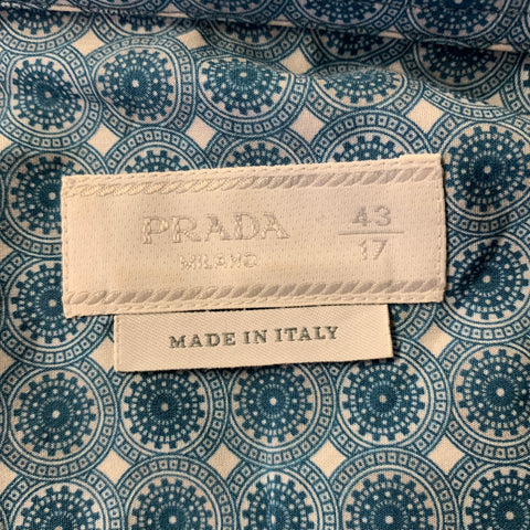 PRADA Size L Blue White Geometric Pointed Collar Short Sleeve Shirt