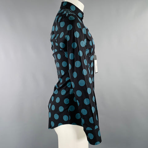 DOLCE & GABBANA Size 38 Black Blue Dots Cotton Epaulettes Long Sleeve Shirt