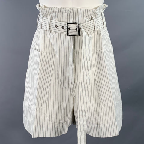 BRUNELLO CUCINELLI Size 8 White Black Cotton Linen Pinstripe Wide Leg Belted Shorts