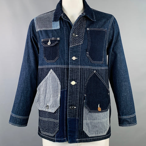 FDMTL Size L Indigo White Sashiko Patchwork Cotton Chore Jacket