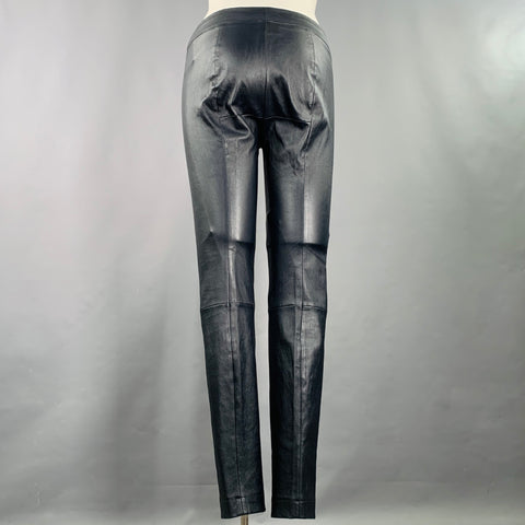 THE ROW Size XL Navy Lambskin Leather Elastic Waistband Dress Pants