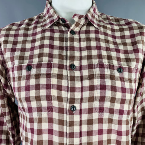 ALBAM Size L Burgundy Brown Checkered Cotton Wool Long Sleeve Shirt