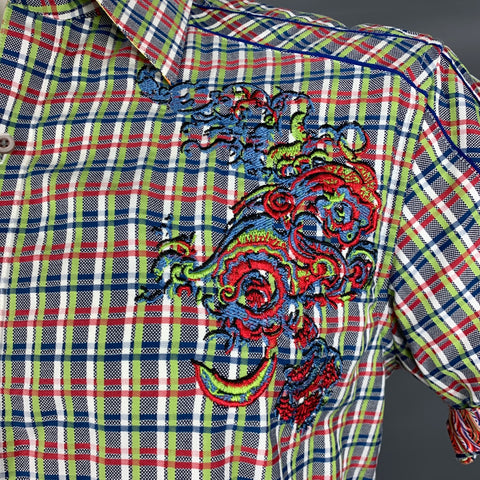 ROBERT GRAHAM Talla L Camisa de manga corta con botones de algodón a cuadros verde marino