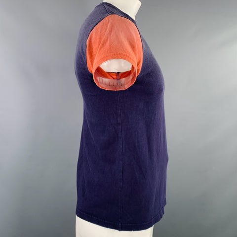 KAPITAL Size L Navy Red Color Block Cotton Crew Neck T-shirt