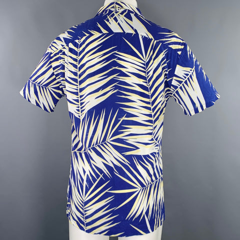 DOUBLE RAINBOUU Size M Blue White Yellow Leaves Rayon Camp Short Sleeve Shirt